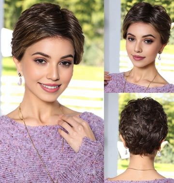 Short Brown Pixie Heat-Friendly Synthetic Mono-Top Wig - wearing effect