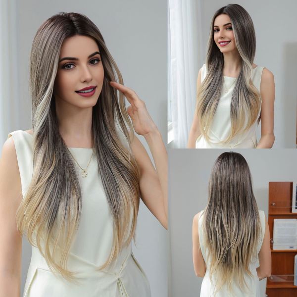 Long Layered Ash Blonde Heat-Friendly Synthetic Mono-Top Wig - wearing effect