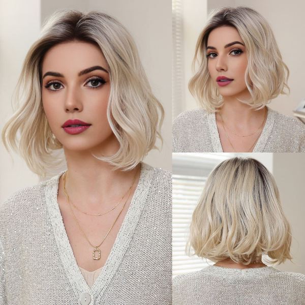 Short Wavy Blonde Bob Heat-Friendly Synthetic Mono-Top Wig - wearing effect