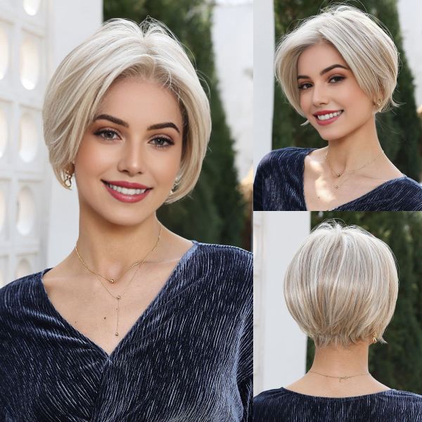 Short Platinum Pixie Heat-Friendly Synthetic Mono-Top Wig - wearing effect