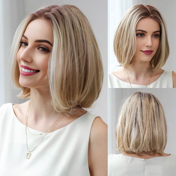 Face-Framing Blonde Bob Heat-Friendly Synthetic Mono-Top Wig - wearing effect