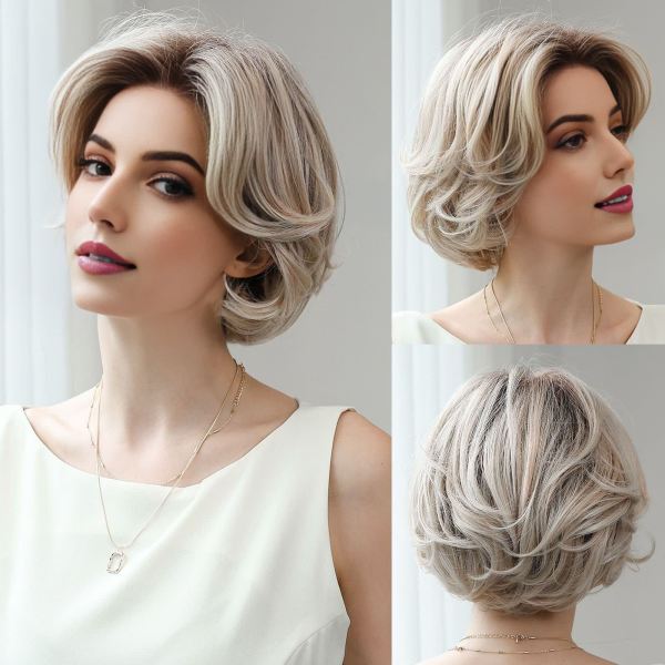 Silver Blonde Wavy Bob Heat-Friendly Synthetic Mono-Top Wig - wearing effect