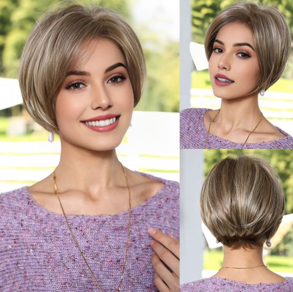 Short Ash Brown Pixie Heat-Friendly Synthetic Mono-Top Wig - wearing effect