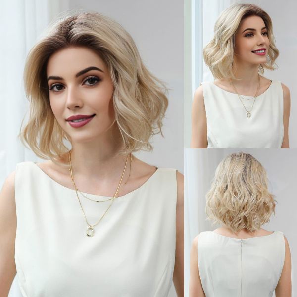 Layered Blonde Bob Heat-Friendly Synthetic Mono-Top Wig - wearing effect