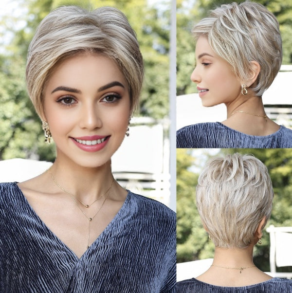 Short Silver Layered Heat-Friendly Synthetic Mono-Top Wig - wearing effect