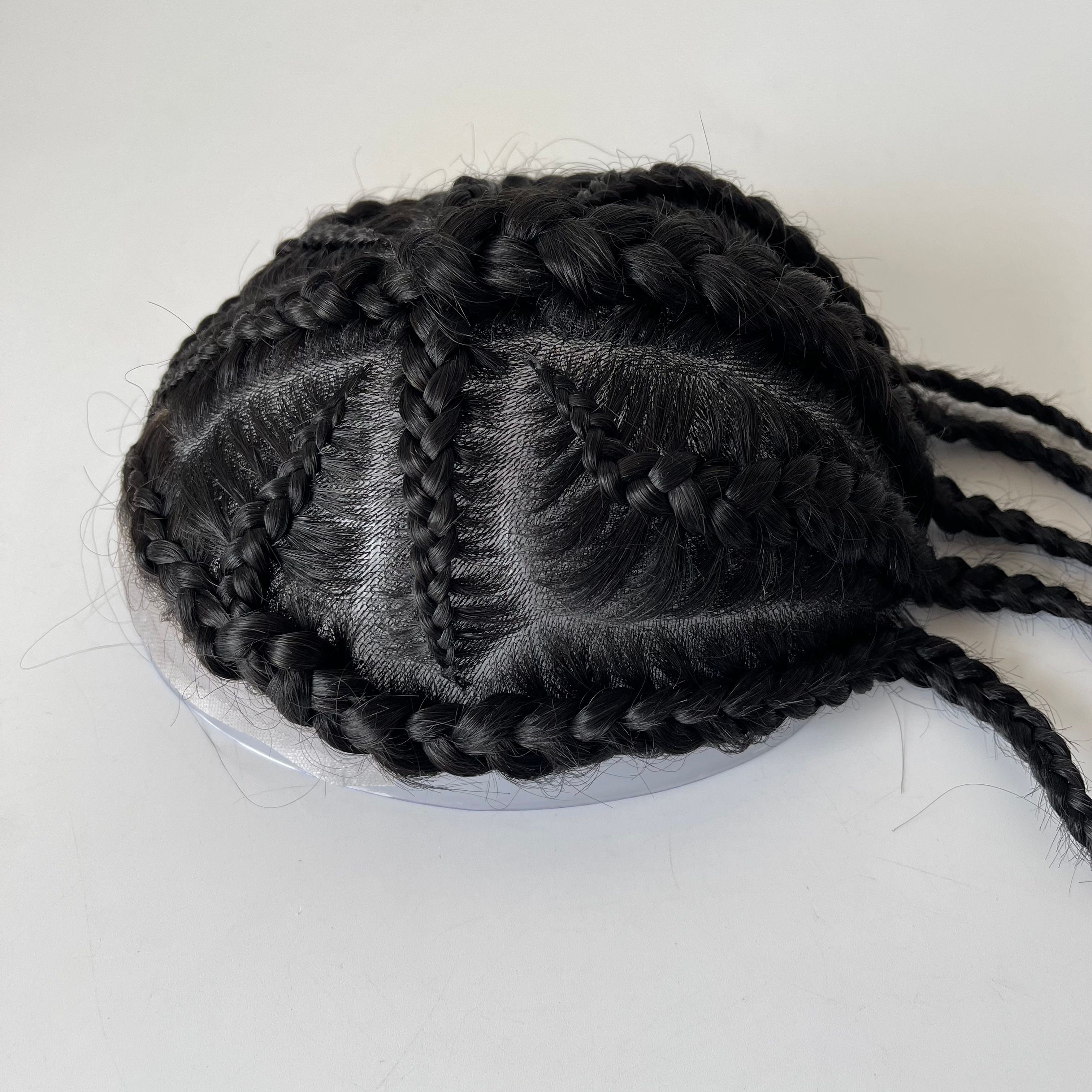 Tupé de trenzas africanas (cornrow) de cabello humano virgen brasileño Cross of God con encaje frontal – Color negro #1, base de poliuretano de 8x10 para hombres afrodescendientes
