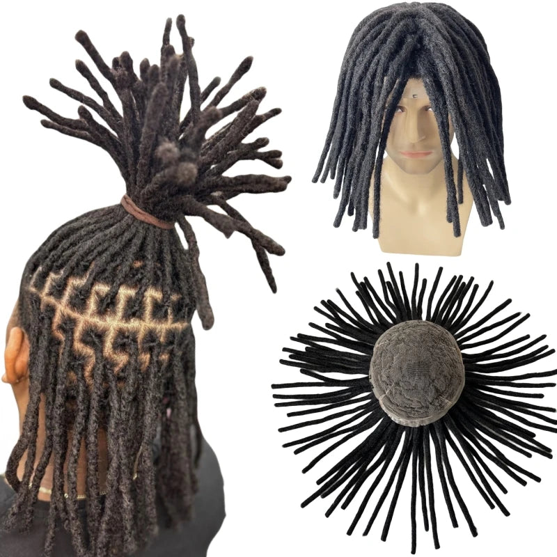 12 hüvelykes brazil szűz emberi hajból készült raszta tupé, fekete színben, 300%-os sűrűséggel, teljes csipkehálós egység férfiak számára