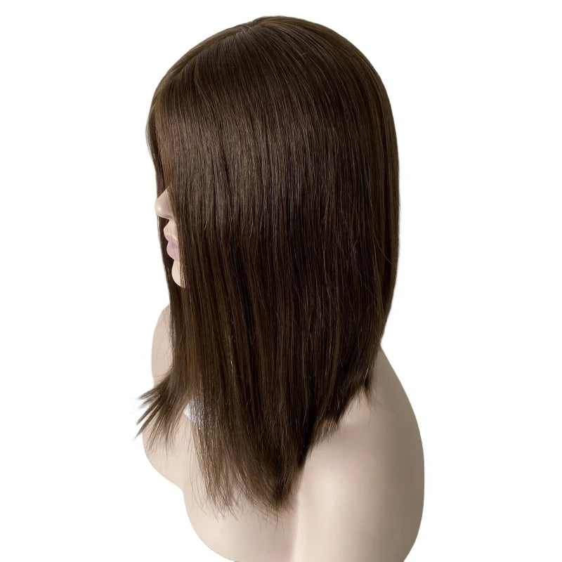 Brazil Szűz Emberi Haj Barna Bob Paróka 14 Hüvelyk 130% Sűrűségű 4x4 Selyem Tetejű Női Paróka