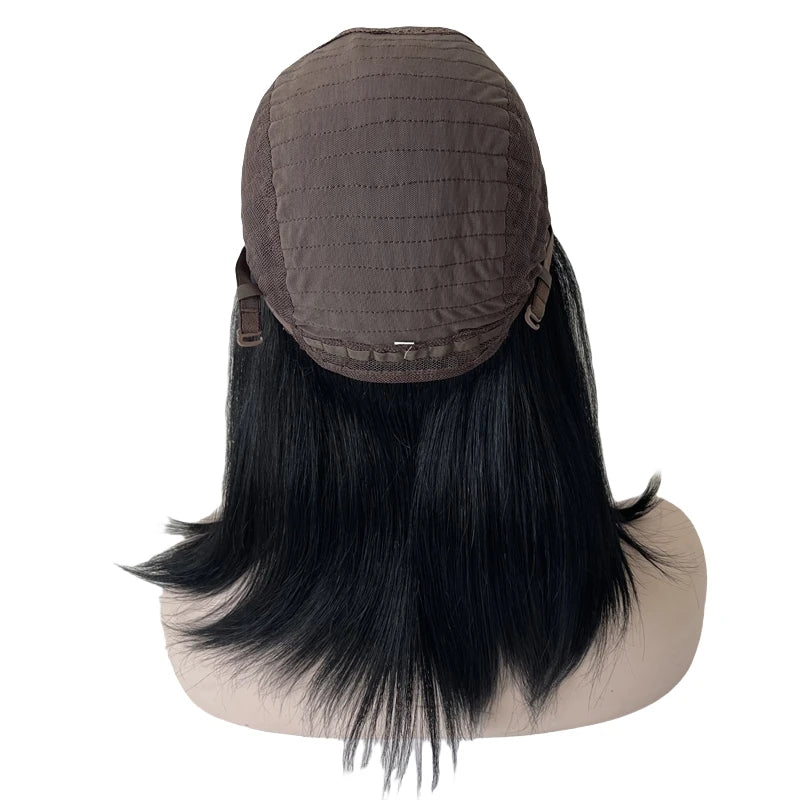 16" Maláj szűz emberi hajból készült fekete kóser paróka, 130% sűrűségű, selymesen egyenes, 4x4 selyem felső résszel