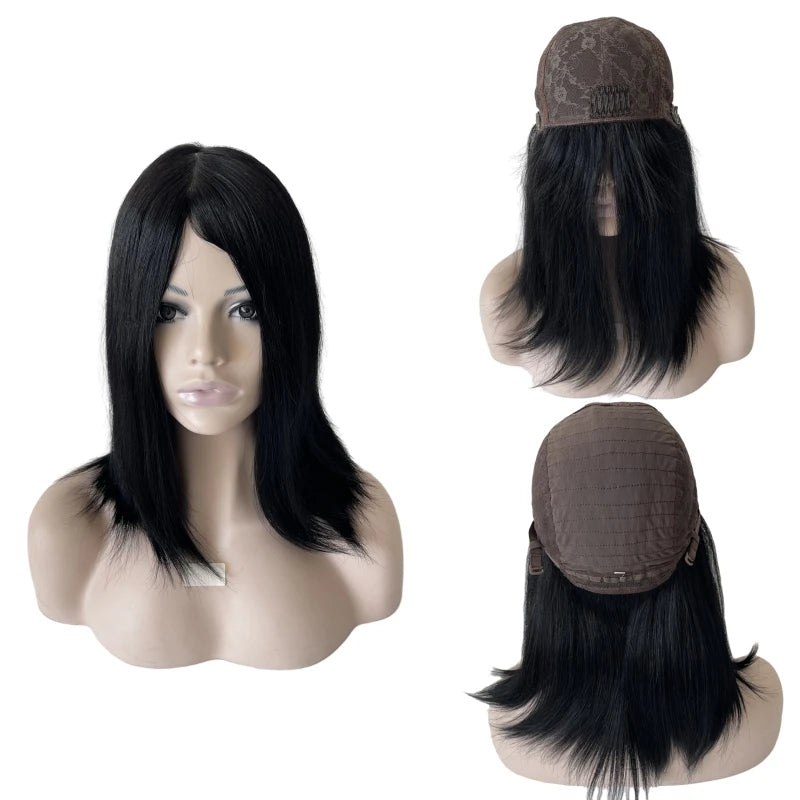 16" Maláj szűz emberi hajból készült fekete kóser paróka, 130% sűrűségű, selymesen egyenes, 4x4 selyem felső résszel