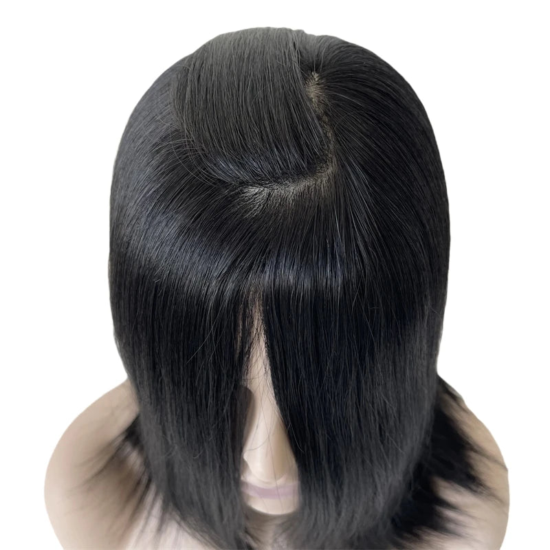 16" Maláj szűz emberi hajból készült fekete kóser paróka, 130% sűrűségű, selymesen egyenes, 4x4 selyem felső résszel