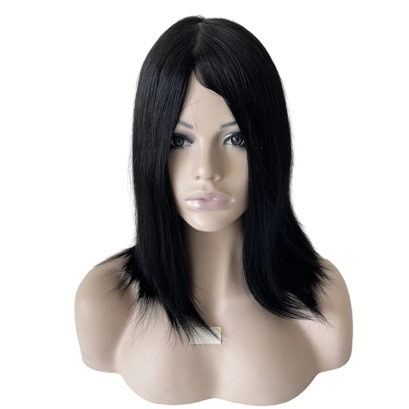16" Maláj szűz emberi hajból készült fekete kóser paróka, 130% sűrűségű, selymesen egyenes, 4x4 selyem felső résszel