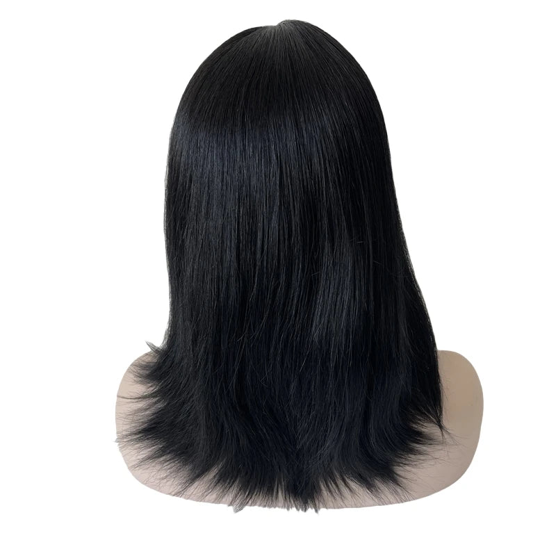 16" Maláj szűz emberi hajból készült fekete kóser paróka, 130% sűrűségű, selymesen egyenes, 4x4 selyem felső résszel