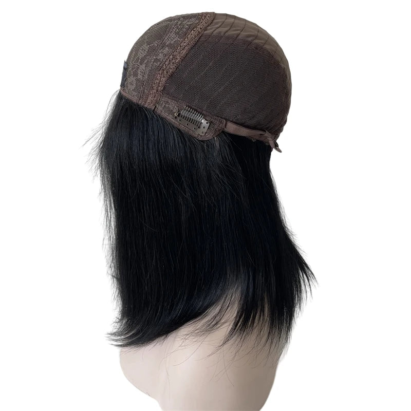 16" Maláj szűz emberi hajból készült fekete kóser paróka, 130% sűrűségű, selymesen egyenes, 4x4 selyem felső résszel