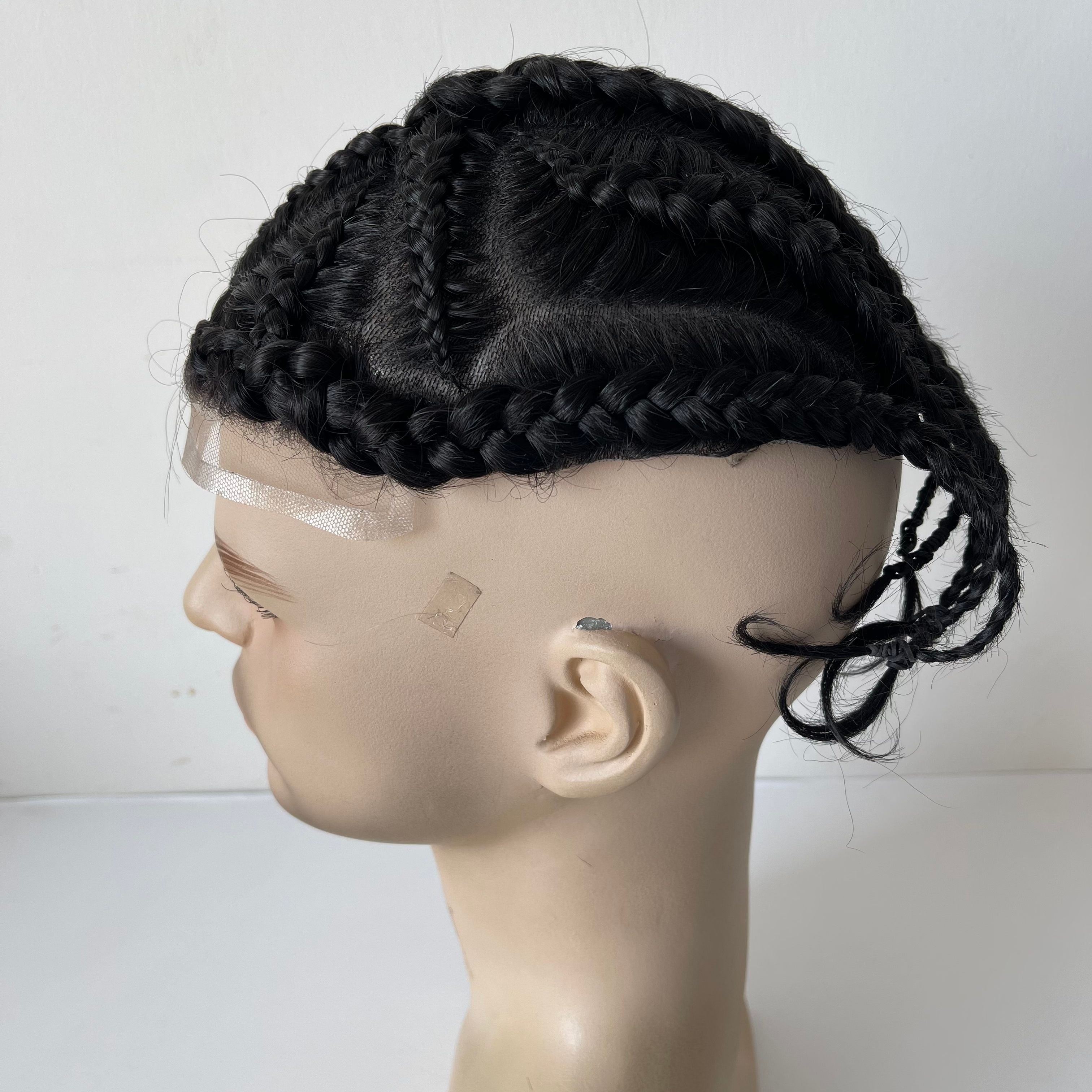 Tupé de trenzas africanas (cornrow) de cabello humano virgen brasileño Cross of God con encaje frontal – Color negro #1, base de poliuretano de 8x10 para hombres afrodescendientes