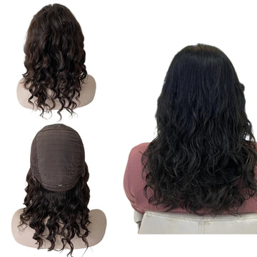 18" Sötétbarna, laza hullámú, kóser paróka – Mongol szűz emberi haj, selyem tetejű zsidó paróka