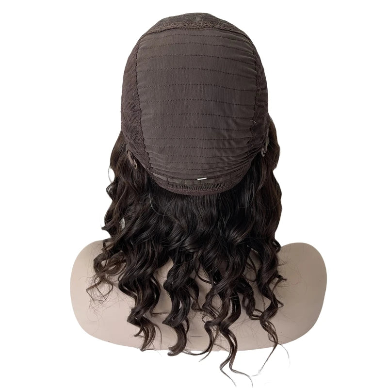 18" Sötétbarna, laza hullámú, kóser paróka – Mongol szűz emberi haj, selyem tetejű zsidó paróka