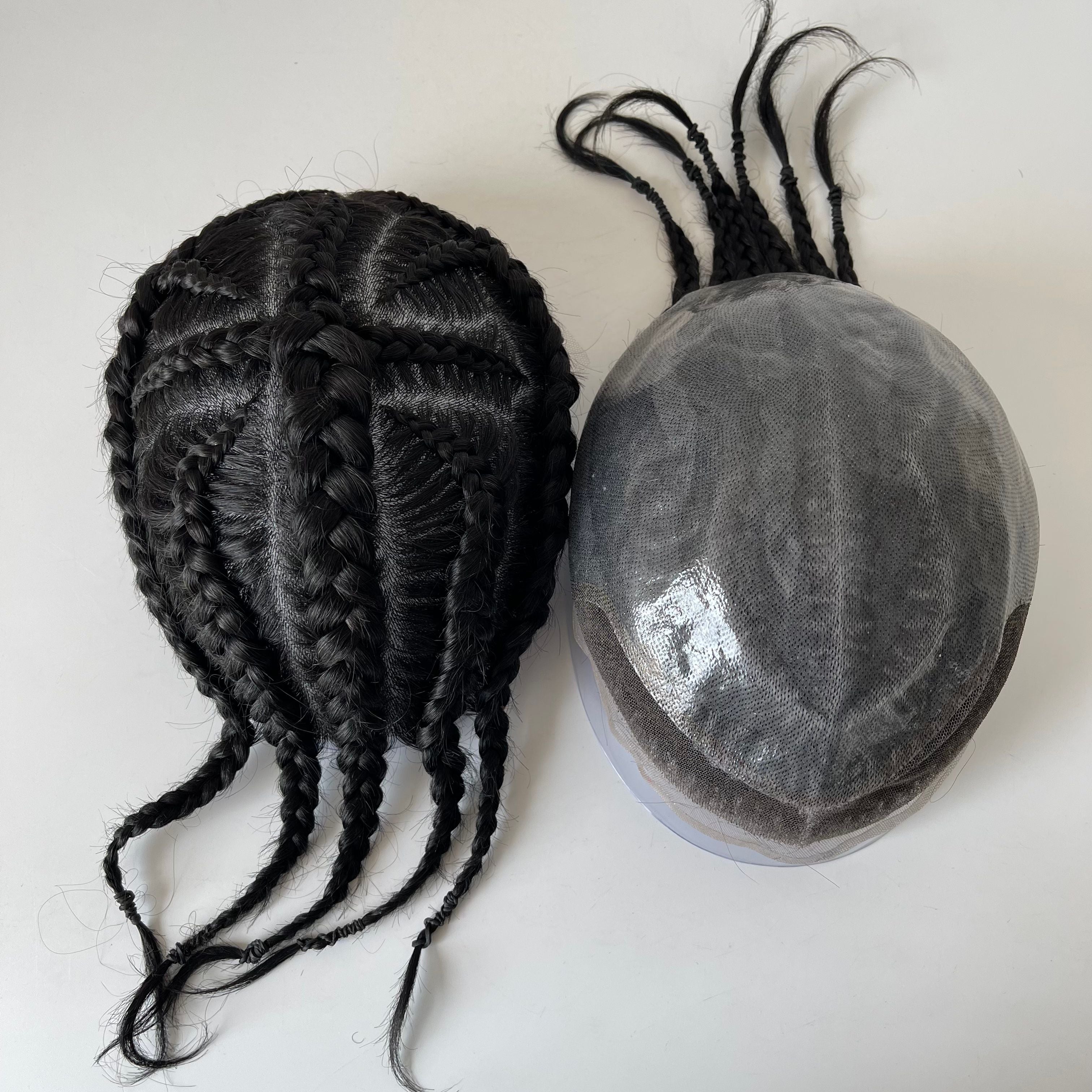 Tupé de trenzas africanas (cornrow) de cabello humano virgen brasileño Cross of God con encaje frontal – Color negro #1, base de poliuretano de 8x10 para hombres afrodescendientes