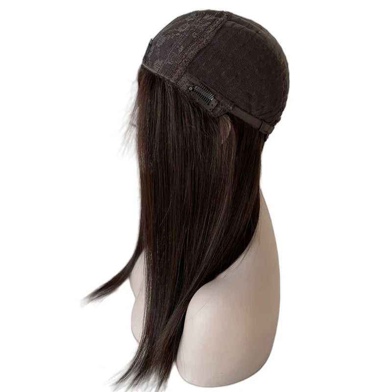 20 hüvelykes sötétbarna mongol szűz emberi haj selyem tetejű 4x4 selymesen egyenes zsidó paróka