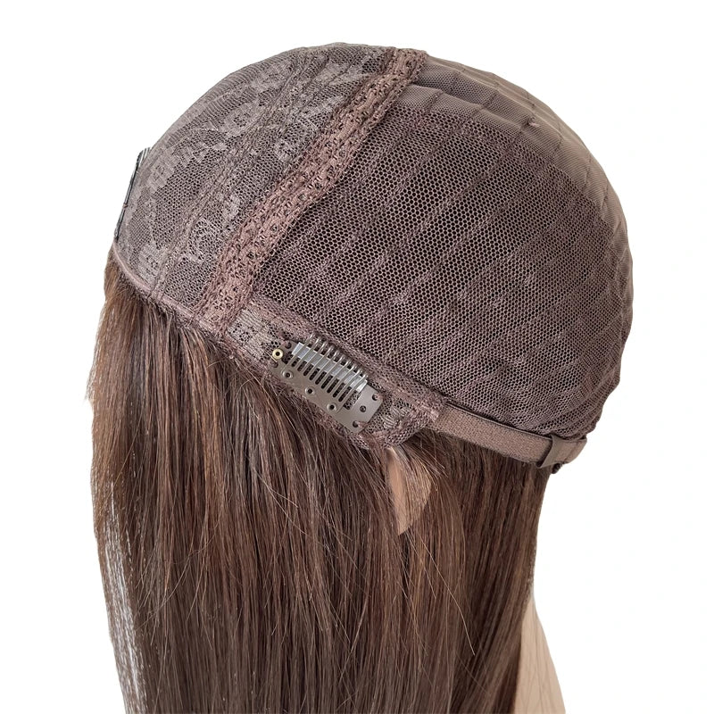 20 Inch Dark Brown Mongolian Virgin Human Hair Silk Top 4x4 Silky Straight Jewish Wig - hair color detail