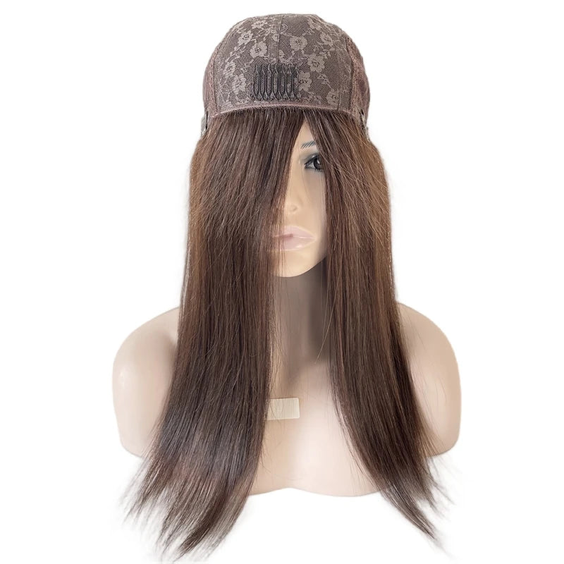 20 hüvelykes sötétbarna mongol szűz emberi haj selyem tetejű 4x4 selymesen egyenes zsidó paróka