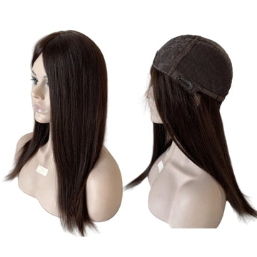 20 hüvelykes sötétbarna mongol szűz emberi haj selyem tetejű 4x4 selymesen egyenes zsidó paróka