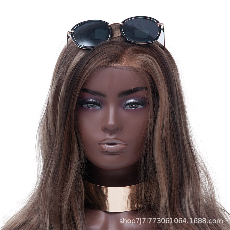 Female Head Wig with Double Shoulder and Sunglasses Model Prop, Dark Skin