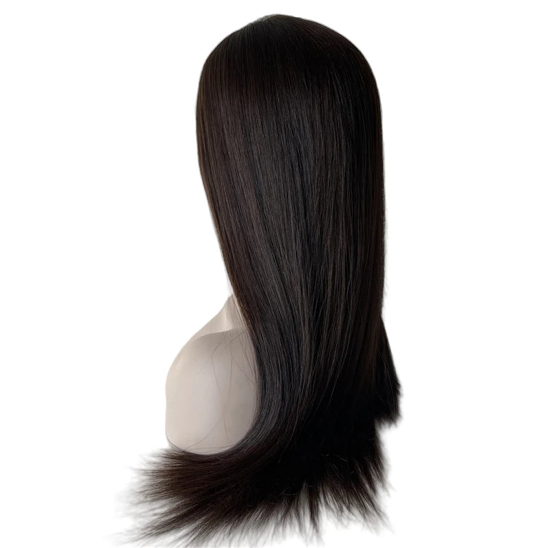 26" Indian Virgin Human Hair Dark Brown Kosher Wig Silky Straight 4x4 Silk Top Jewish Wigs - hair color detail