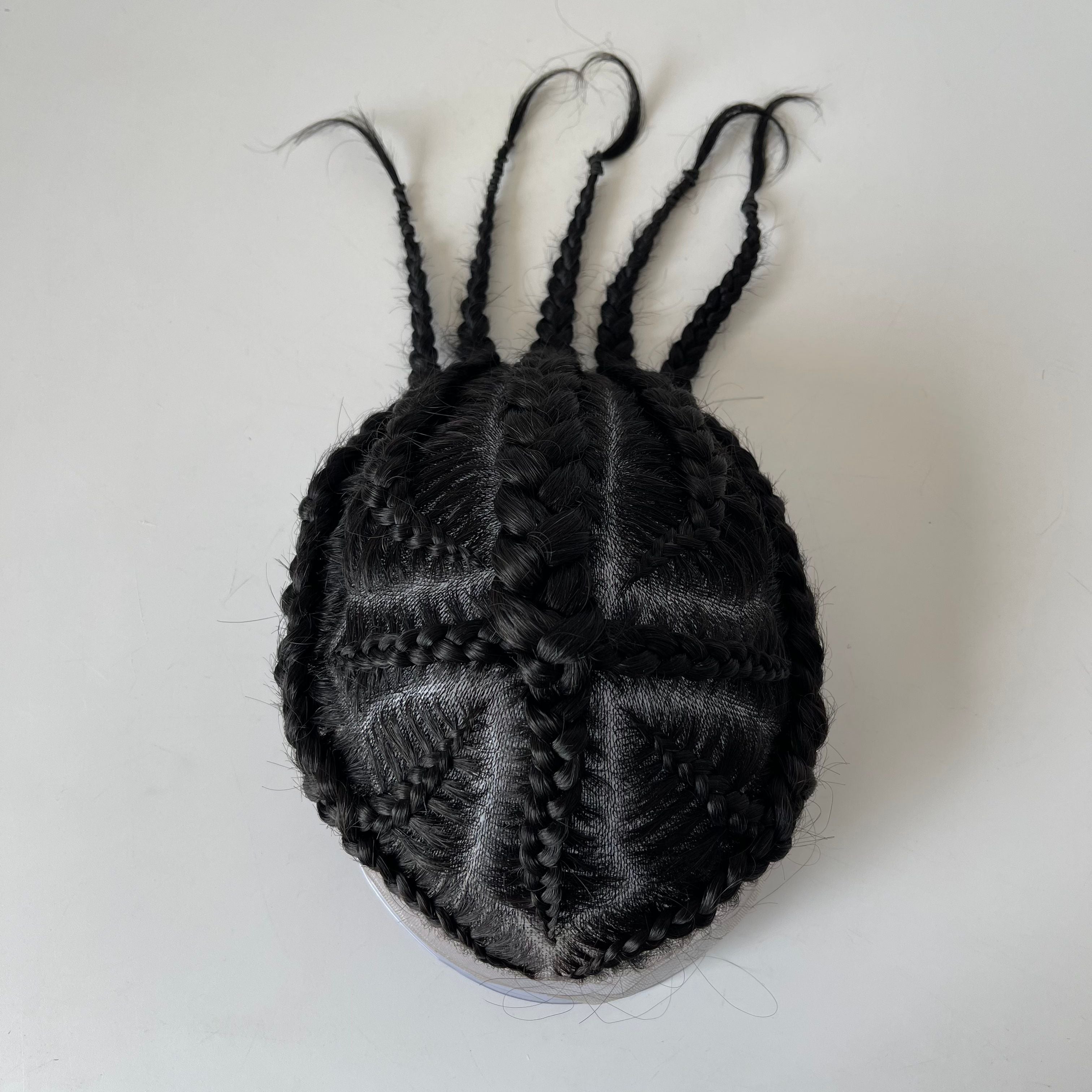 Tupé de trenzas africanas (cornrow) de cabello humano virgen brasileño Cross of God con encaje frontal – Color negro #1, base de poliuretano de 8x10 para hombres afrodescendientes