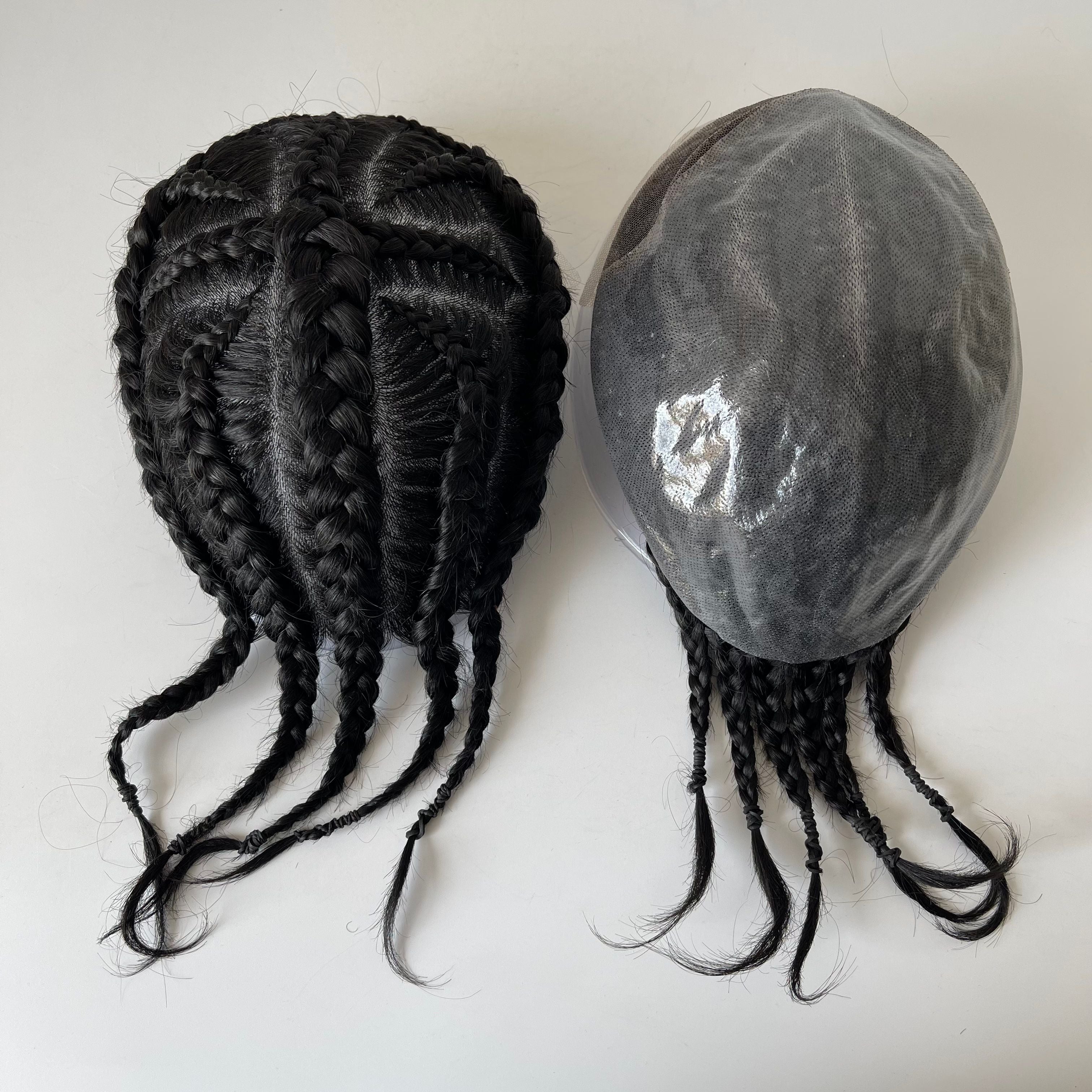 Tupé de trenzas africanas (cornrow) de cabello humano virgen brasileño Cross of God con encaje frontal – Color negro #1, base de poliuretano de 8x10 para hombres afrodescendientes