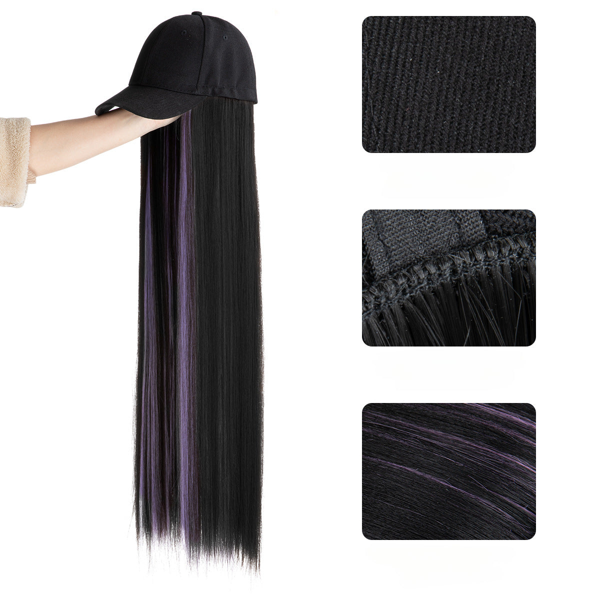 Black and Purple Ombre Long Straight Hair Wig with Knit Beanie Cap, Synthetic Full Head Hairpiece for Women