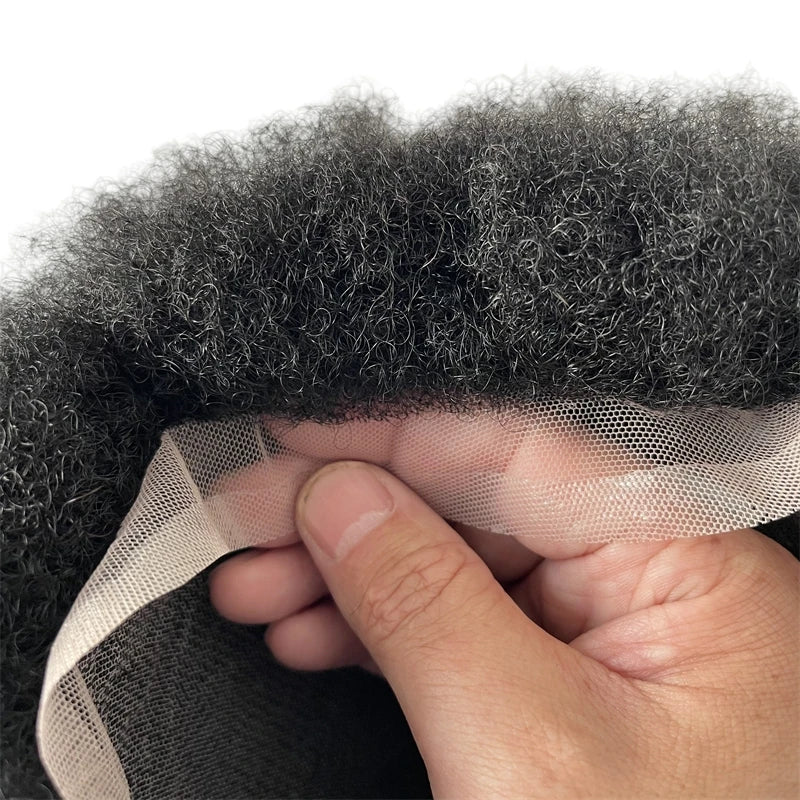 4mm Afro Lace Toupee 130% Density Indian Virgin Human Hair Replacement Full Lace Unit 8x10 for Men Jet Black - product view