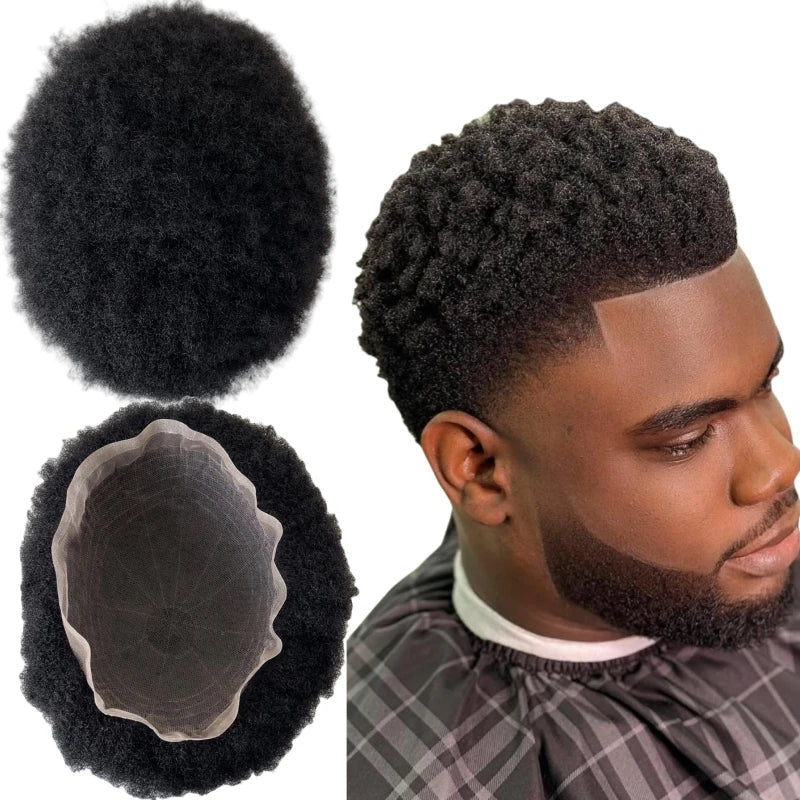 Toupee z koronką Afro 4mm, gęstość 130%, indyjskie dziewicze włosy ludzkie, pełna baza z koronki 8x10 dla mężczyzn, kolor głęboka czerń (Jet Black)