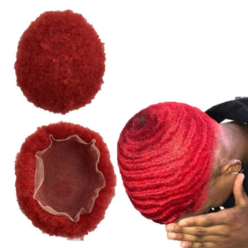 Herre 6 tommer hårdel 4mm rød afro tupé 8x10 full lace