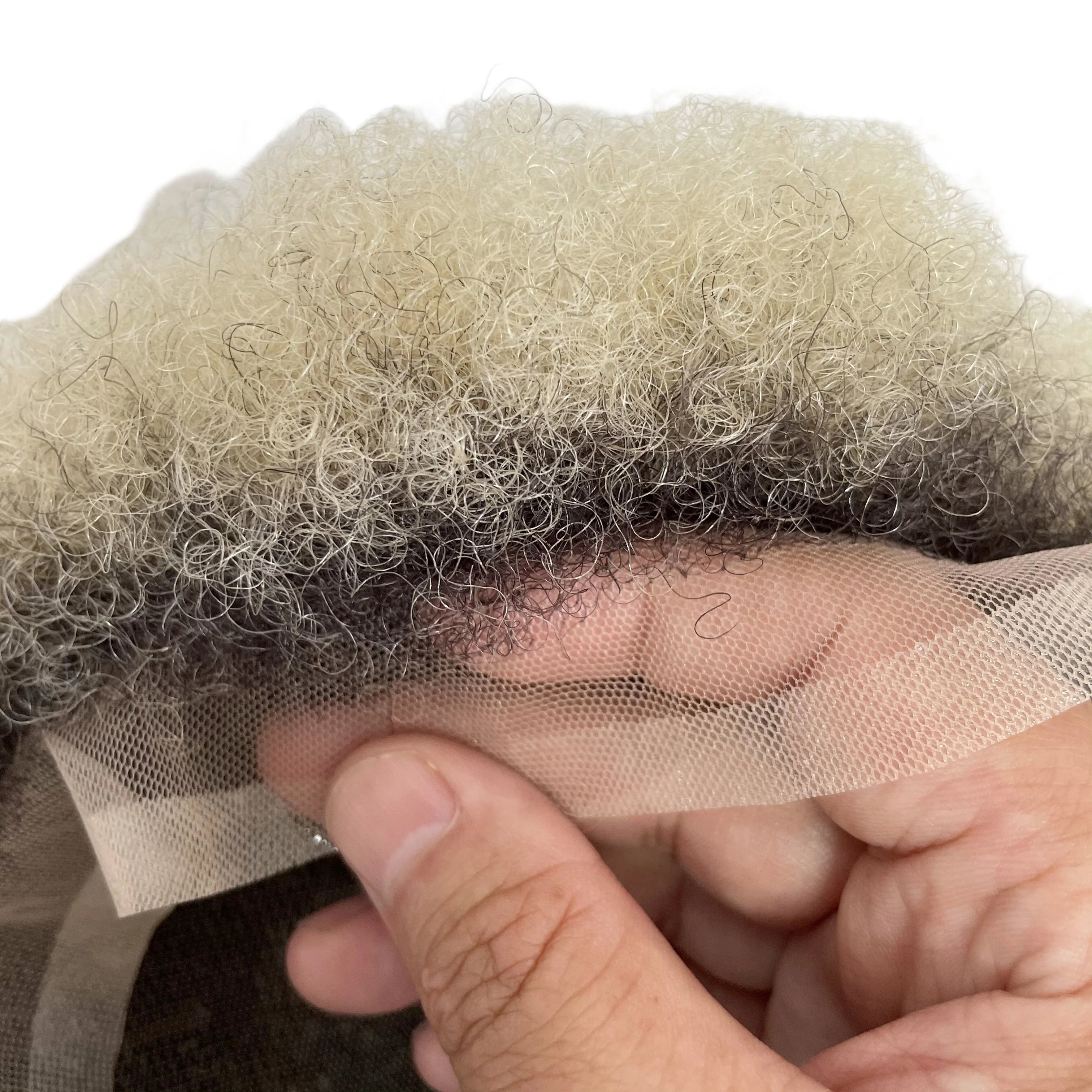 Toupet Afro en Cheveux Naturels Indiens Vierges de 6 Pouces, Blond #613 T#1b avec Racines de 4mm, Unité en Dentelle Entière pour Hommes Noirs