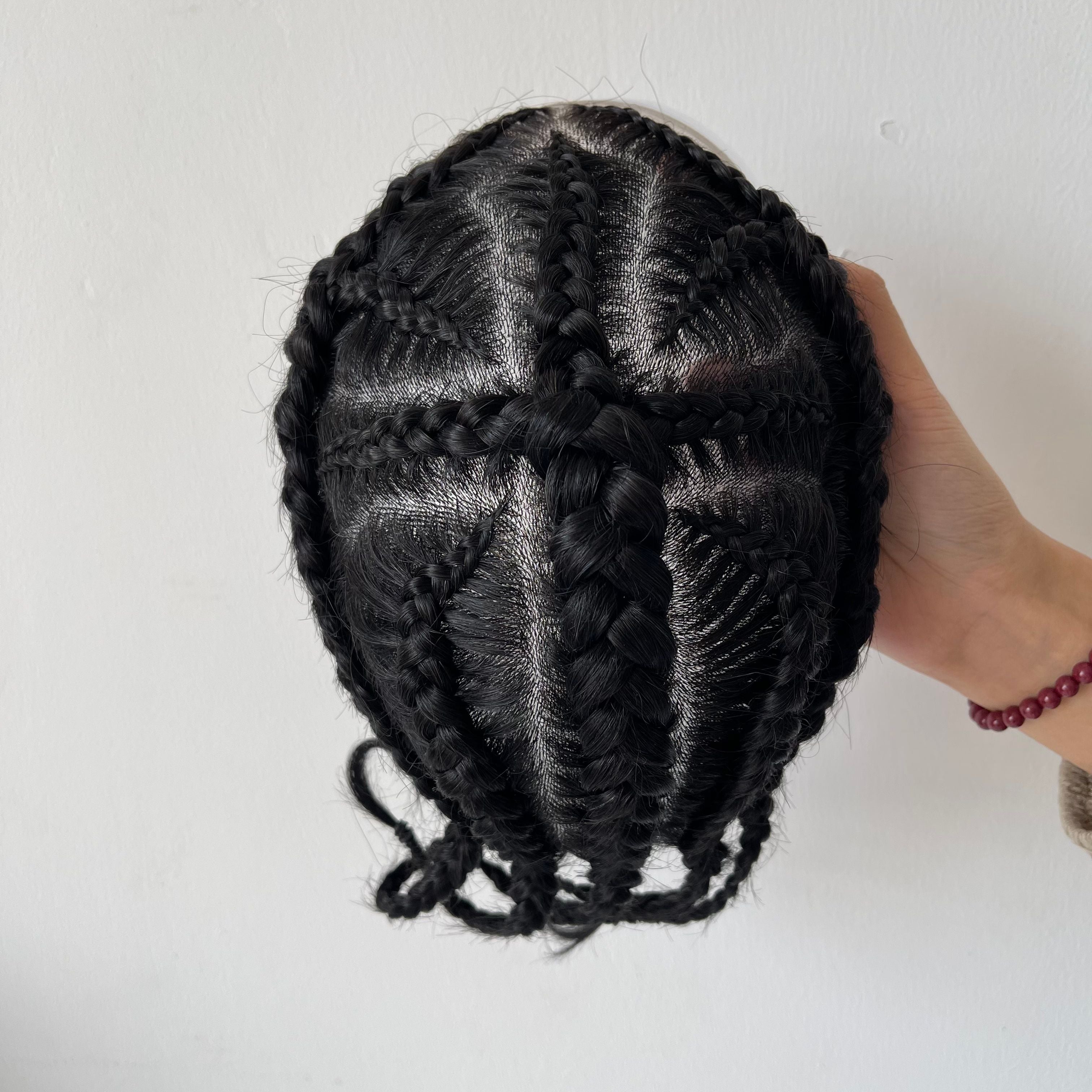 Tupé de trenzas africanas (cornrow) de cabello humano virgen brasileño Cross of God con encaje frontal – Color negro #1, base de poliuretano de 8x10 para hombres afrodescendientes