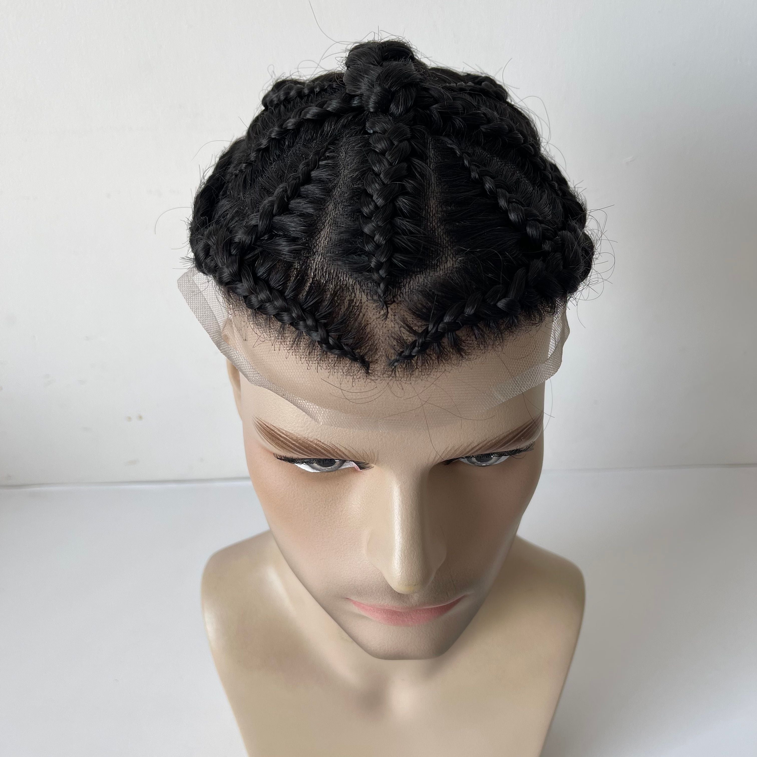 Tupé de trenzas africanas (cornrow) de cabello humano virgen brasileño Cross of God con encaje frontal – Color negro #1, base de poliuretano de 8x10 para hombres afrodescendientes