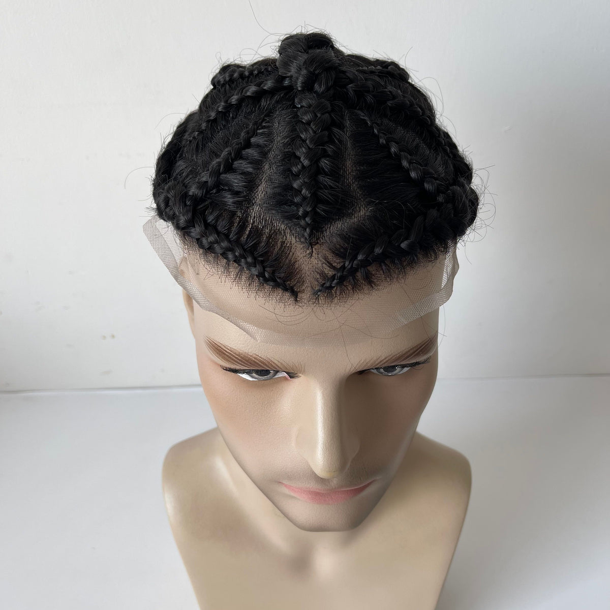 Cross of God Brazilian Virgin Human Hair Cornrow Braids Toupee with Front Lace – #1 Black Color, 8x10 Poly Skin Unit for Black Men