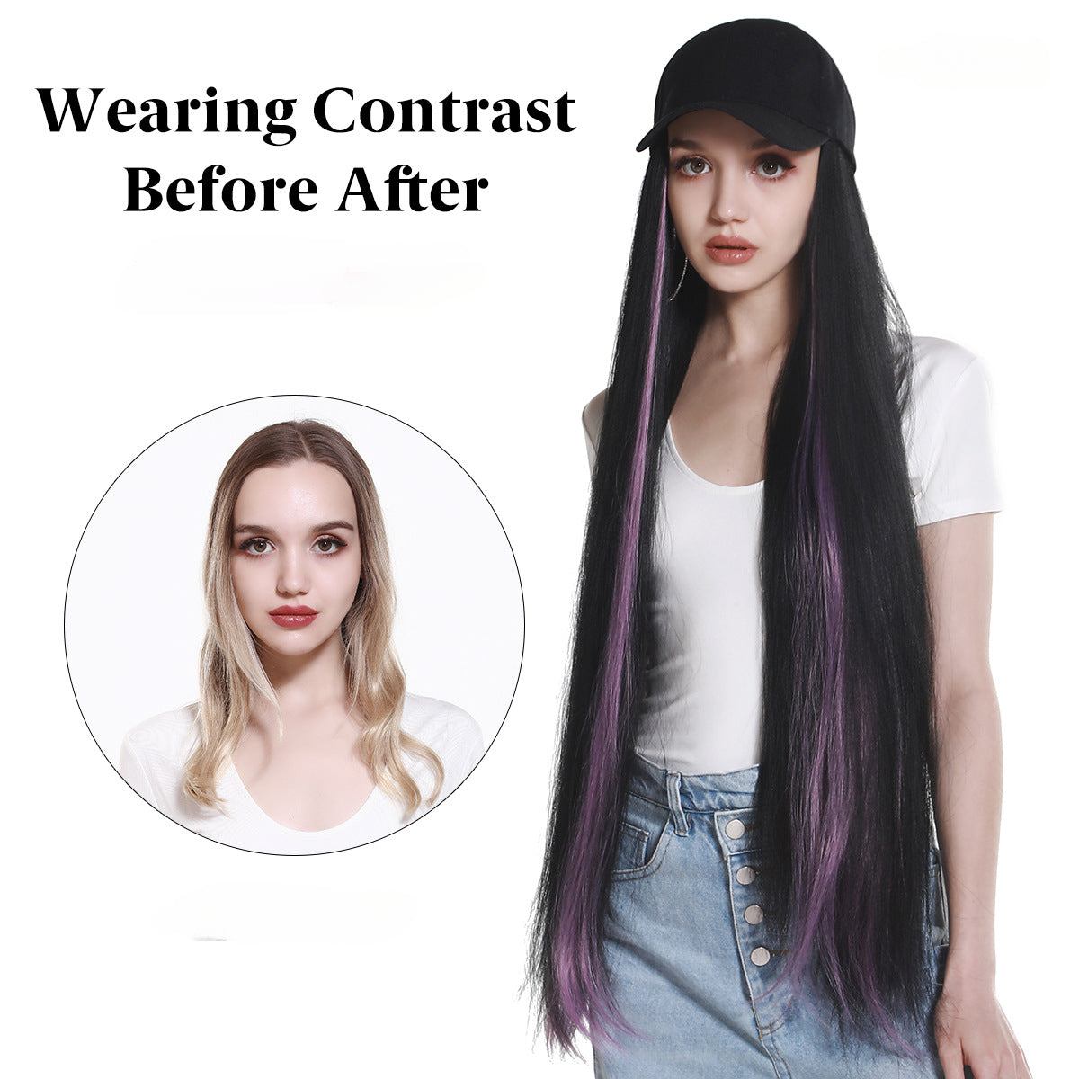 Black and Purple Ombre Long Straight Hair Wig with Knit Beanie Cap, Synthetic Full Head Hairpiece for Women