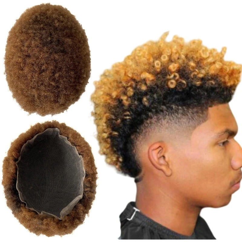 Cheveux humains brésiliens vierges avec racine de 4 mm, boucles afro frisées, couleur ombre #1b T Brun Doré, toupet en dentelle complète 8x10 pour hommes