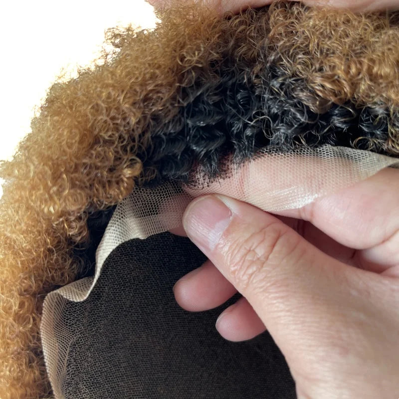 Cheveux humains brésiliens vierges avec racine de 4 mm, boucles afro frisées, couleur ombre #1b T Brun Doré, toupet en dentelle complète 8x10 pour hommes