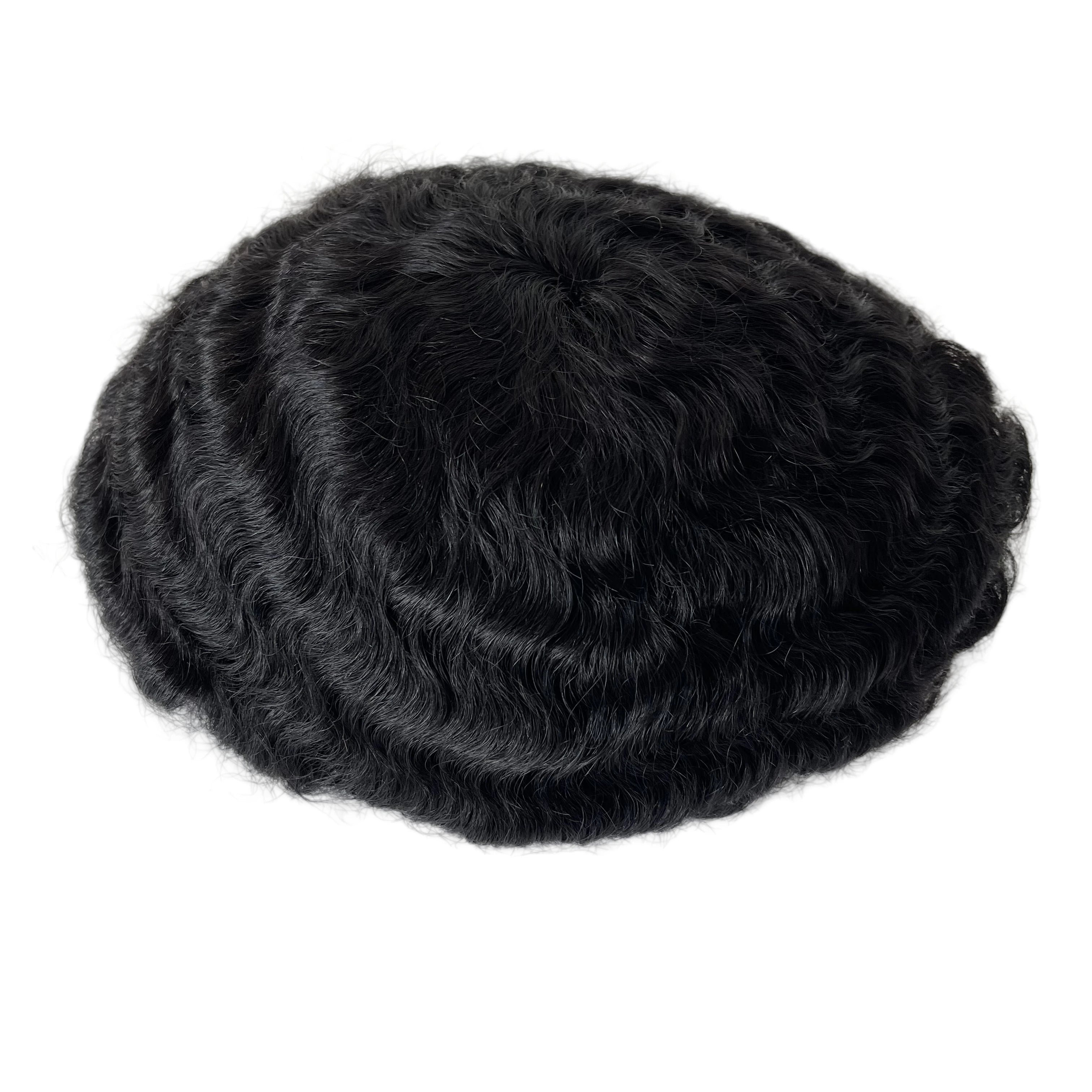 Brasialaista neitsythiusta oleva täyspitsinen peruukki, 1# Jet Black 15 mm laine miehille