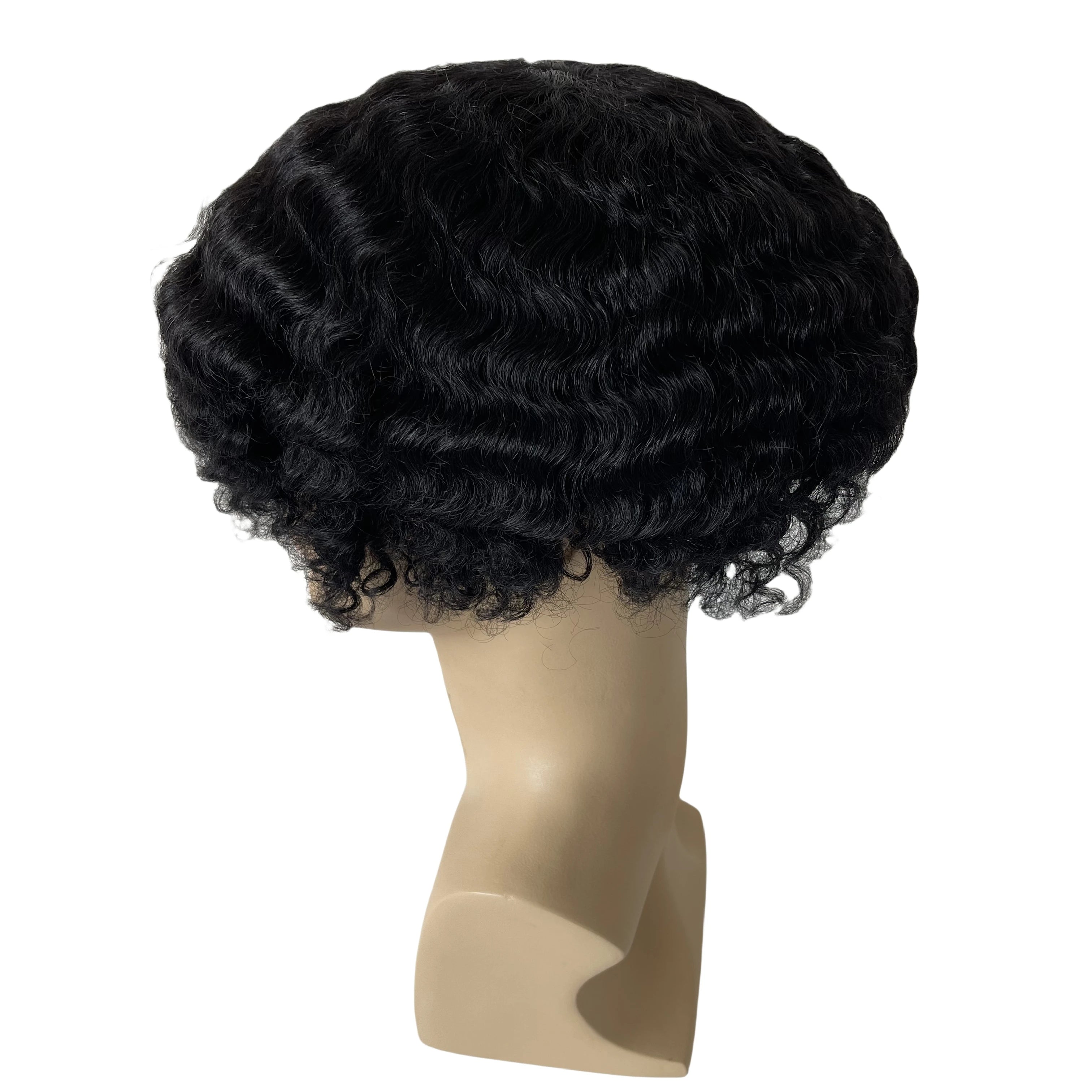 Brasialaista neitsythiusta oleva täyspitsinen peruukki, 1# Jet Black 15 mm laine miehille