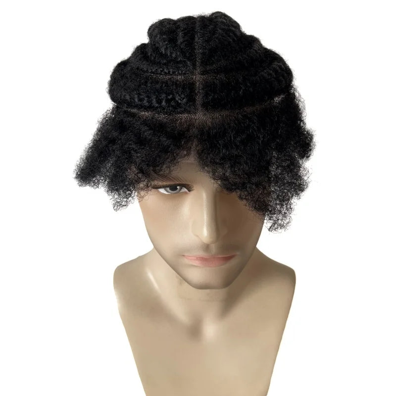 Brazilian Virgin Human Hair Full Lace Toupee Unit 1# Jet Black Afro Cornrow Braids for Black Men