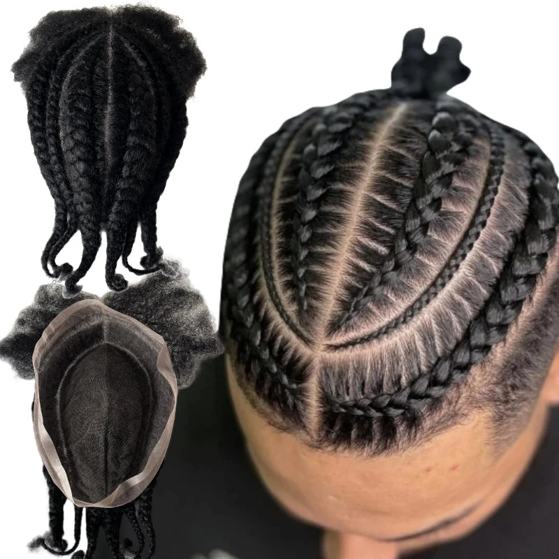 Brazilian Virgin Human Hair Full Lace Toupee Unit 1# Jet Black Afro Cornrow Braids for Black Men