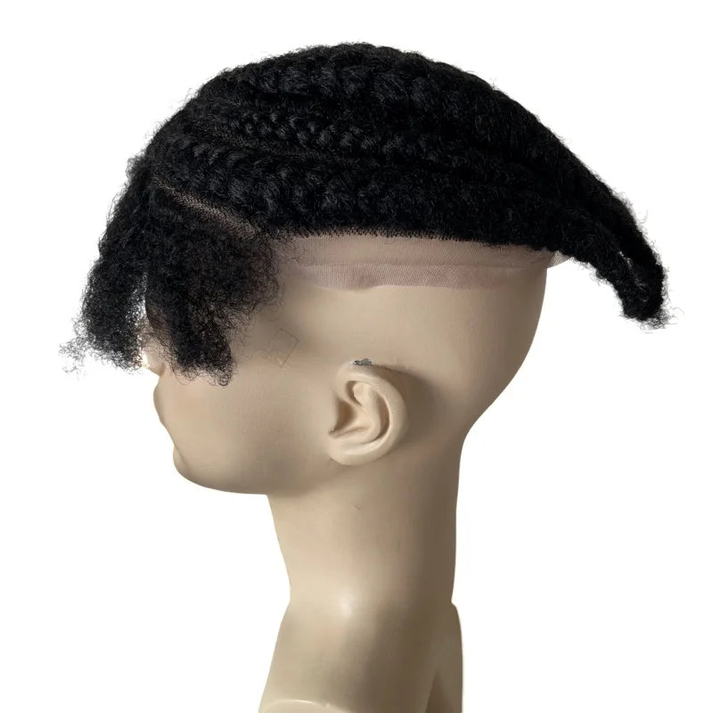 Brazilian Virgin Human Hair Full Lace Toupee Unit 1# Jet Black Afro Cornrow Braids for Black Men