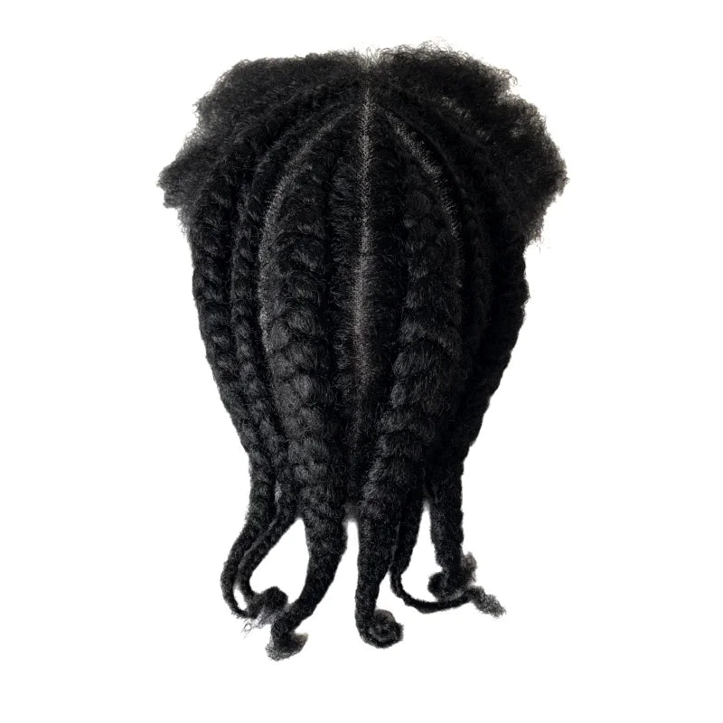 Brazilian Virgin Human Hair Full Lace Toupee Unit 1# Jet Black Afro Cornrow Braids for Black Men