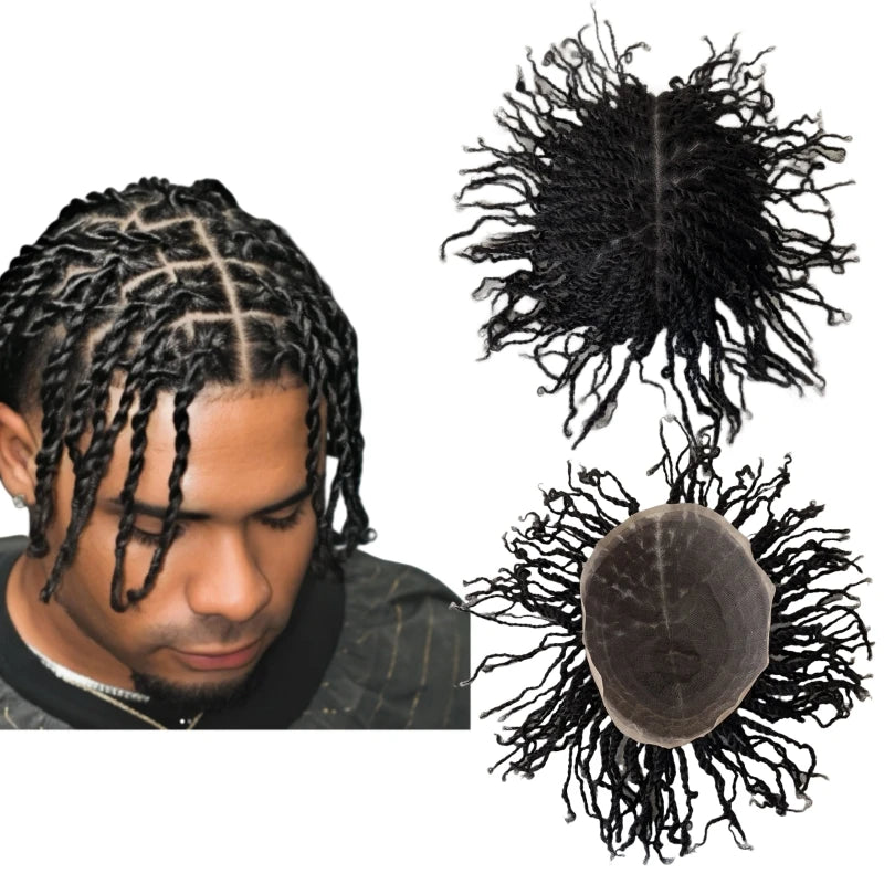 Brasiliansk virgin menneskehår fuld blonder-toupee afro twist-fletninger til sorte mænd 1B sort