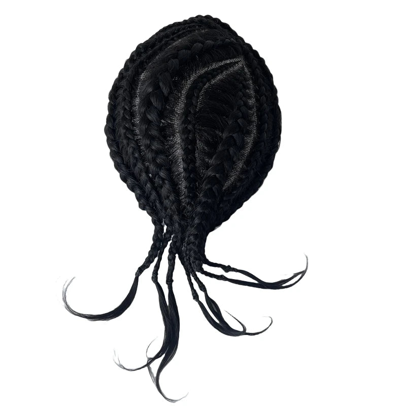 Brasilian neitsythiustoupee, cornrow-palmikkohiukset 8x10, keskellä pitsi, PU-reunus, mustille miehille