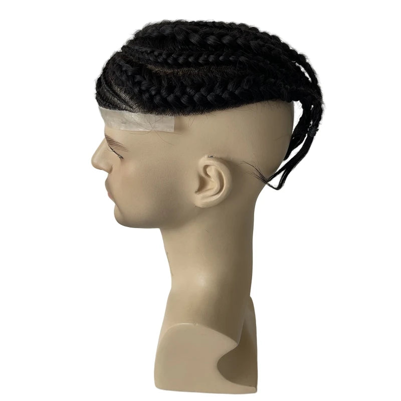 Brasilian neitsythiustoupee, cornrow-palmikkohiukset 8x10, keskellä pitsi, PU-reunus, mustille miehille